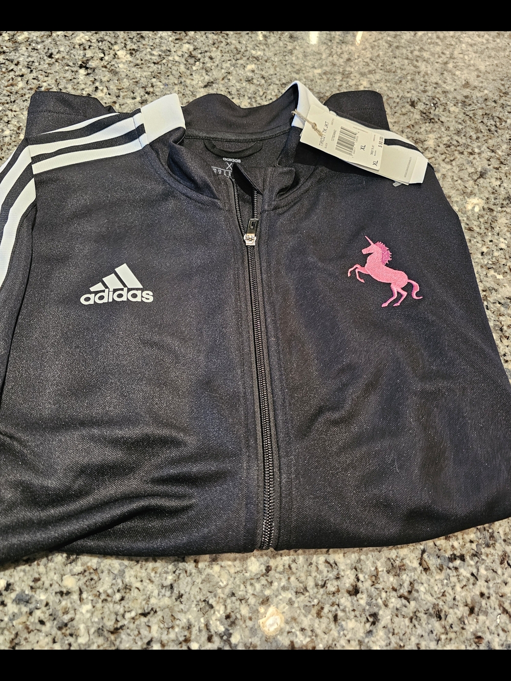 adidas Black Performance Jacket with White Stripes and Pink Unicorn Logo
